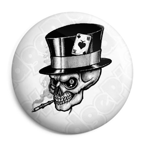 Ace of Spades - Smoking Top Hat Skull - Biker Button Badge